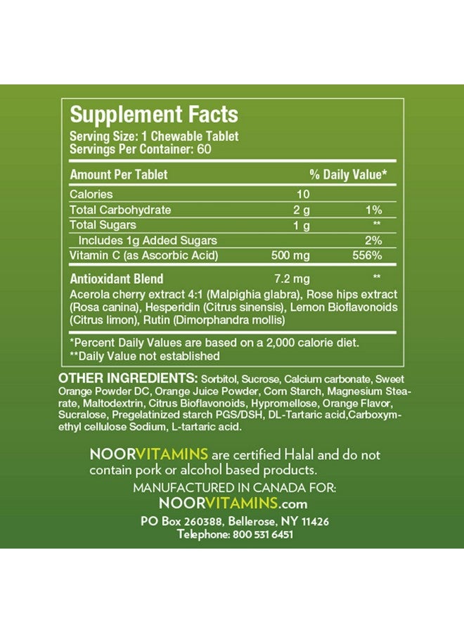 Noor Vitamins 500 Mg Halal Vitamin C Chewable Tablets + Rose Hips And Antioxidants I Supports Immune System I Vegan Gluten Free & Halal Vitamin 60 Orange Flavored Chewable Tablets I 2 Month Supply - Image 3
