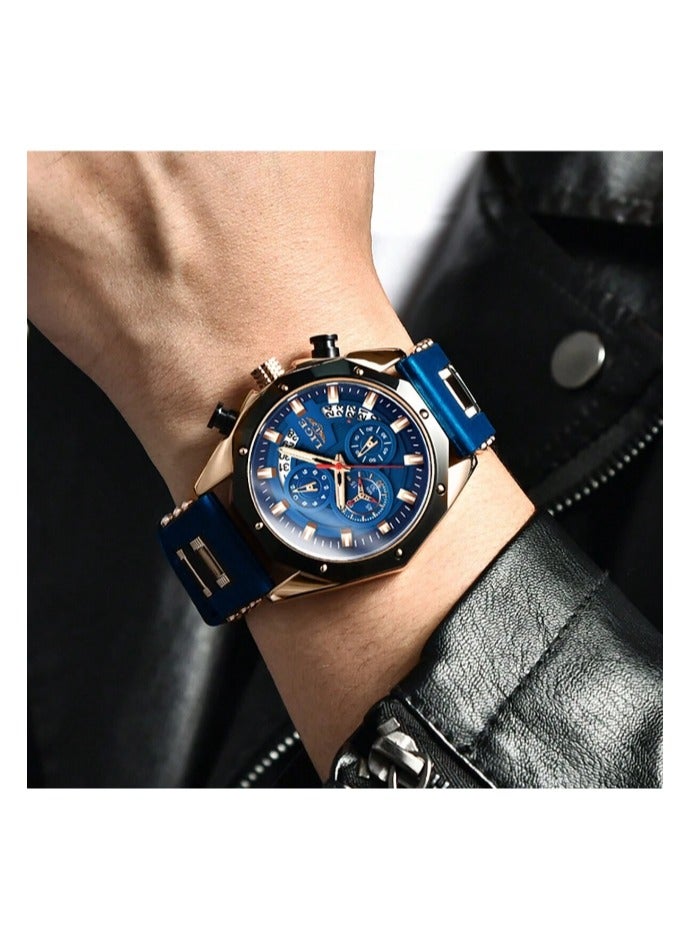 bunca LIGE Men's Three Circle Calendar Quartz Watch, Blue Color - Image 2