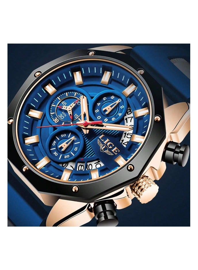 bunca LIGE Men's Three Circle Calendar Quartz Watch, Blue Color - Image 4