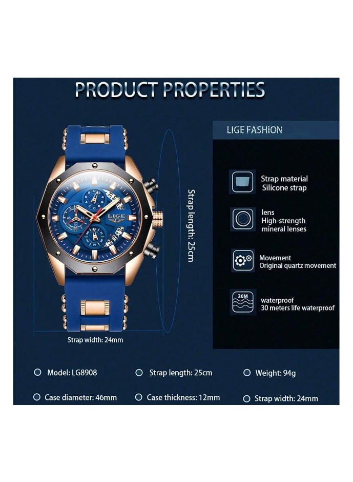 bunca LIGE Men's Three Circle Calendar Quartz Watch, Blue Color - Image 3