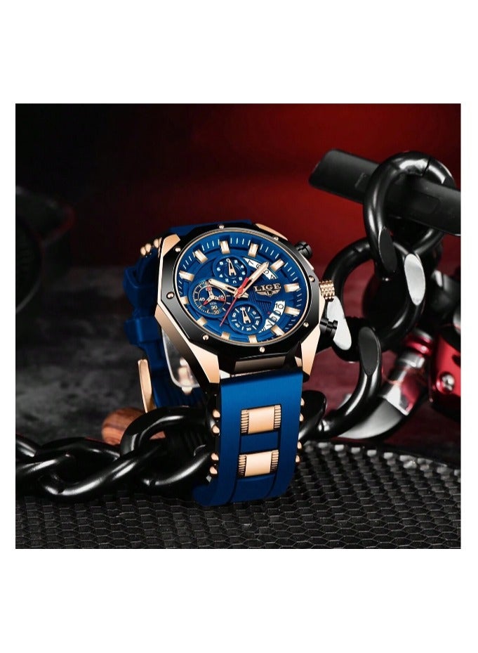 bunca LIGE Men's Three Circle Calendar Quartz Watch, Blue Color - Image 1