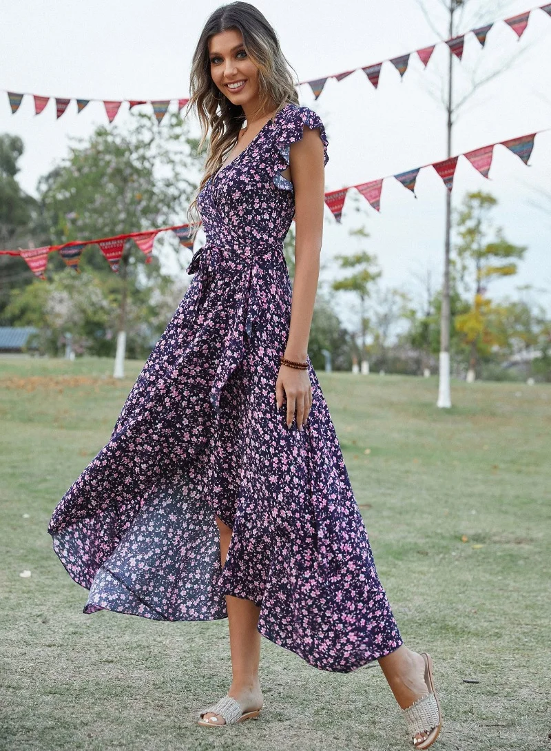 يونيكي Navy Blue Floral Printed V-Neck Flutter Sleeve Wrap Dress