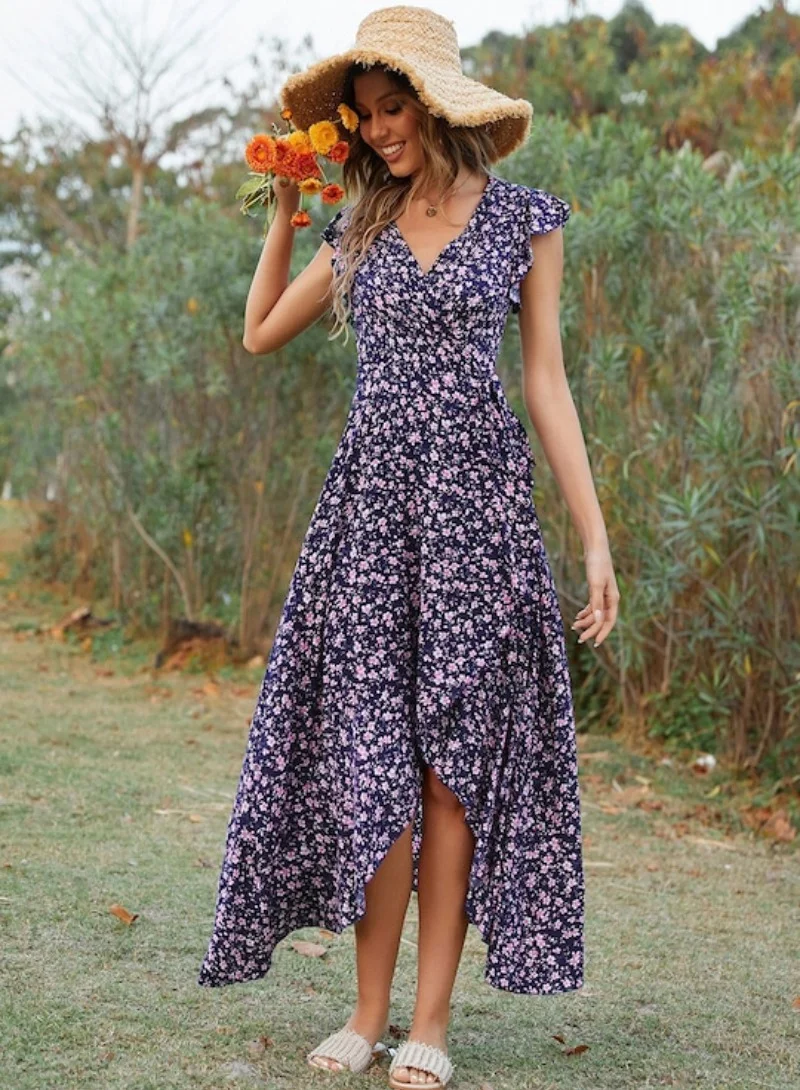يونيكي Navy Blue Floral Printed V-Neck Flutter Sleeve Wrap Dress