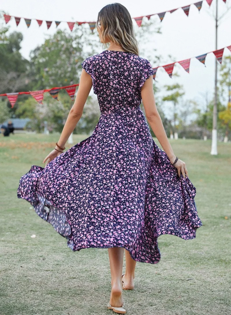 يونيكي Navy Blue Floral Printed V-Neck Flutter Sleeve Wrap Dress