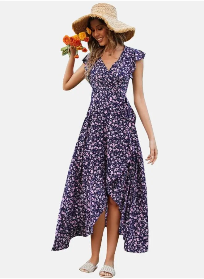 يونيكي Navy Blue Floral Printed V-Neck Flutter Sleeve Wrap Dress