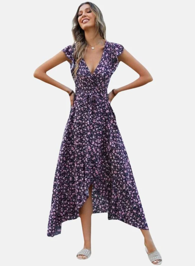 يونيكي Navy Blue Floral Printed V-Neck Flutter Sleeve Wrap Dress