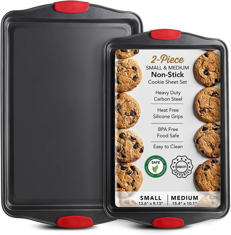 EATEX Baking Sheet Set, 2-Piece Cookie Sheet Set with Silicone Handles, Steel Baking Pan, Durable Baking Sheets for Oven, BPA Free Cookie Sheets for Baking Nonstick Set, Premium Sheet Pan, Black Baking Tray - Image 1