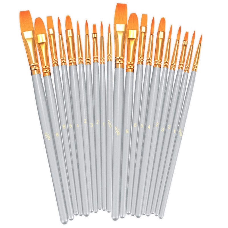 BOSOBO Paint Brushes Set 2 Pack 20 Pcs Round Pointed Tip Paintbrushes Nylon Hair Artist Acrylic Paint Brushes for Acrylic Oil Watercolor Face Nail Art Miniature Detailing Rock Painting Silver