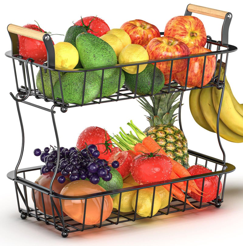 Crixny 2 Tier Banana Hanger Stand with 2 Hangers, Large Fruit and Vegetable Storage Basket - Image 1