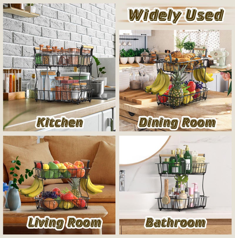 Crixny 2 Tier Banana Hanger Stand with 2 Hangers, Large Fruit and Vegetable Storage Basket - Image 5