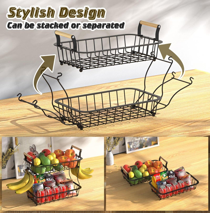 Crixny 2 Tier Banana Hanger Stand with 2 Hangers, Large Fruit and Vegetable Storage Basket - Image 4