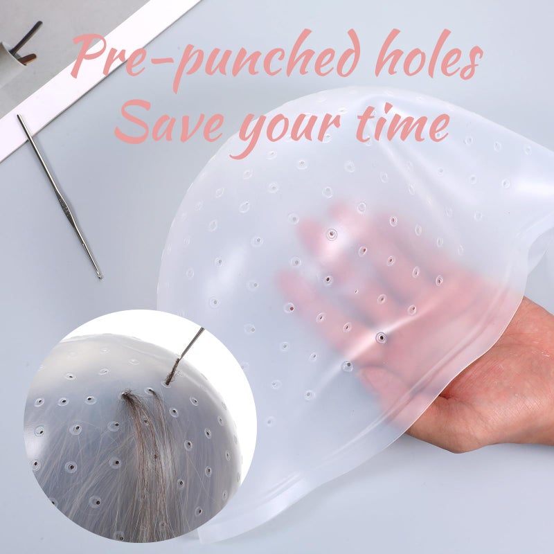 LIQWEI Punched Silicone Highlight Hair Cap with Needle, Professional Reusable Highlighting Poked Hole Caps with Hooks for Color Hair Salon Hairdressing Dyeing Staining Tools for Women Men - Image 3