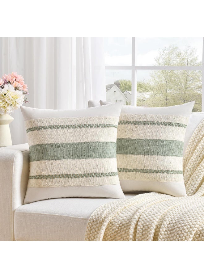 Decorative Pillow Covers, Sage Green Boho Striped, Set of 2, 45x45cm - Image 1