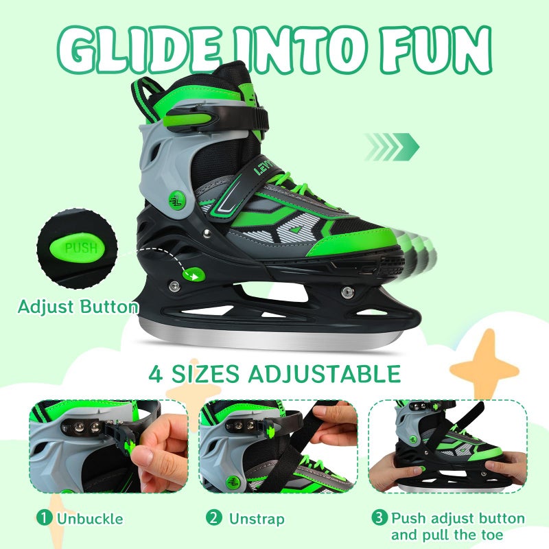 LEVYTEMP Adjustable ice Skates for Kids Boys Girls, 4 Size Triple Protection Beginner Figure Blades with Ankle Support for Outdoor and Rink,Green - Image 2