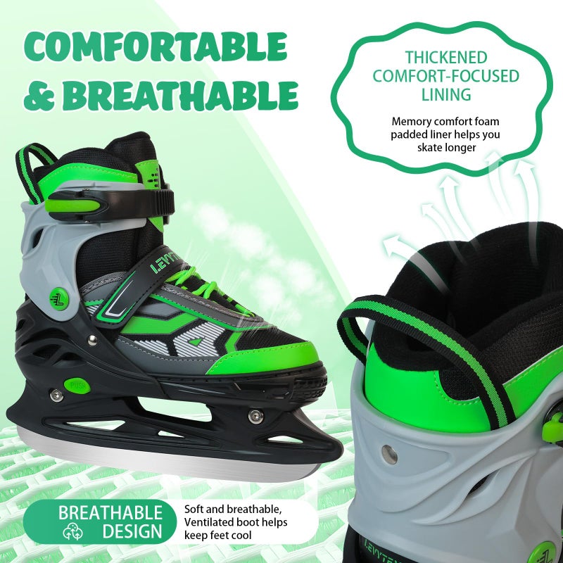 LEVYTEMP Adjustable ice Skates for Kids Boys Girls, 4 Size Triple Protection Beginner Figure Blades with Ankle Support for Outdoor and Rink,Green - Image 5