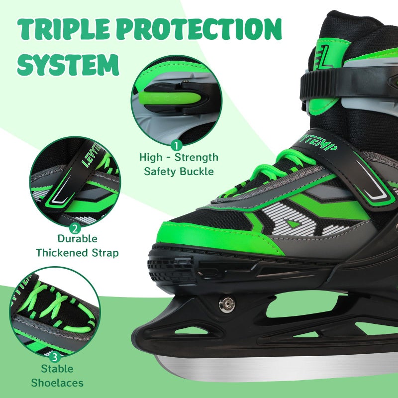 LEVYTEMP Adjustable ice Skates for Kids Boys Girls, 4 Size Triple Protection Beginner Figure Blades with Ankle Support for Outdoor and Rink,Green - Image 4