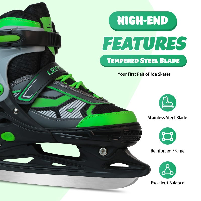 LEVYTEMP Adjustable ice Skates for Kids Boys Girls, 4 Size Triple Protection Beginner Figure Blades with Ankle Support for Outdoor and Rink,Green - Image 3