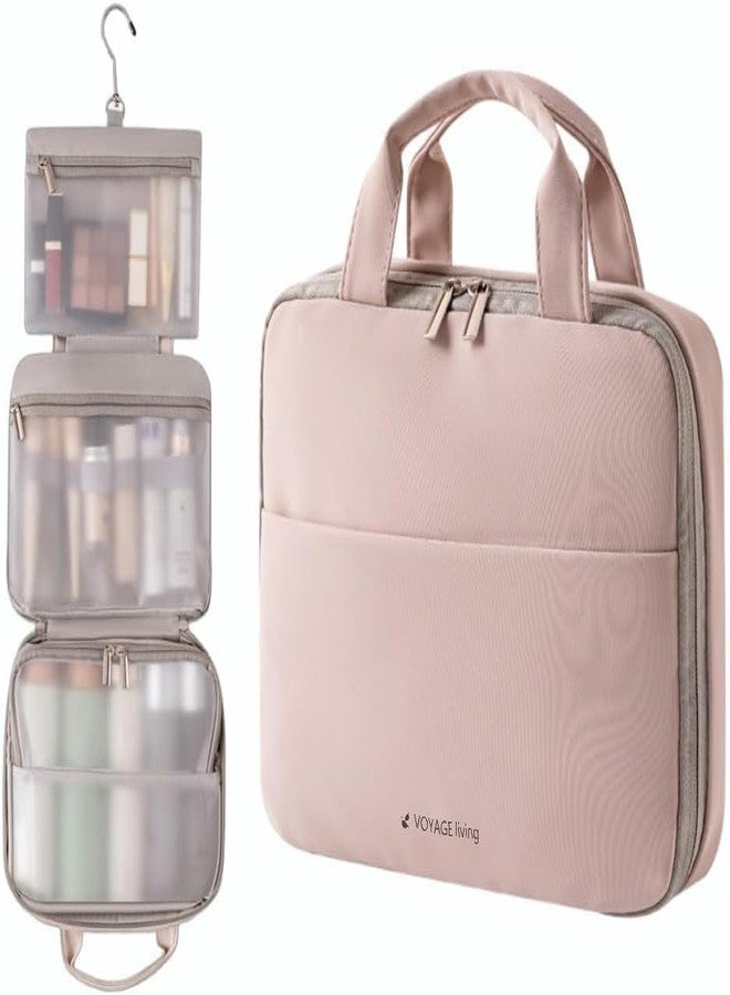 Voyage Living Hanging Travel Toiletry Bag for Women, 3-Tier Makeup Organizer, Large Capacity Waterproof PU Leather Cosmetic Case, Travel Essentials (Mist Rose) - Image 1