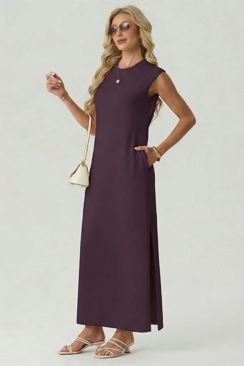 GRECERELLE Summer Fall Casual Cap Sleeve Round Neck Shift Sweater Maxi Dress for Women with Pockets (Rosewood, Medium) - Image 4