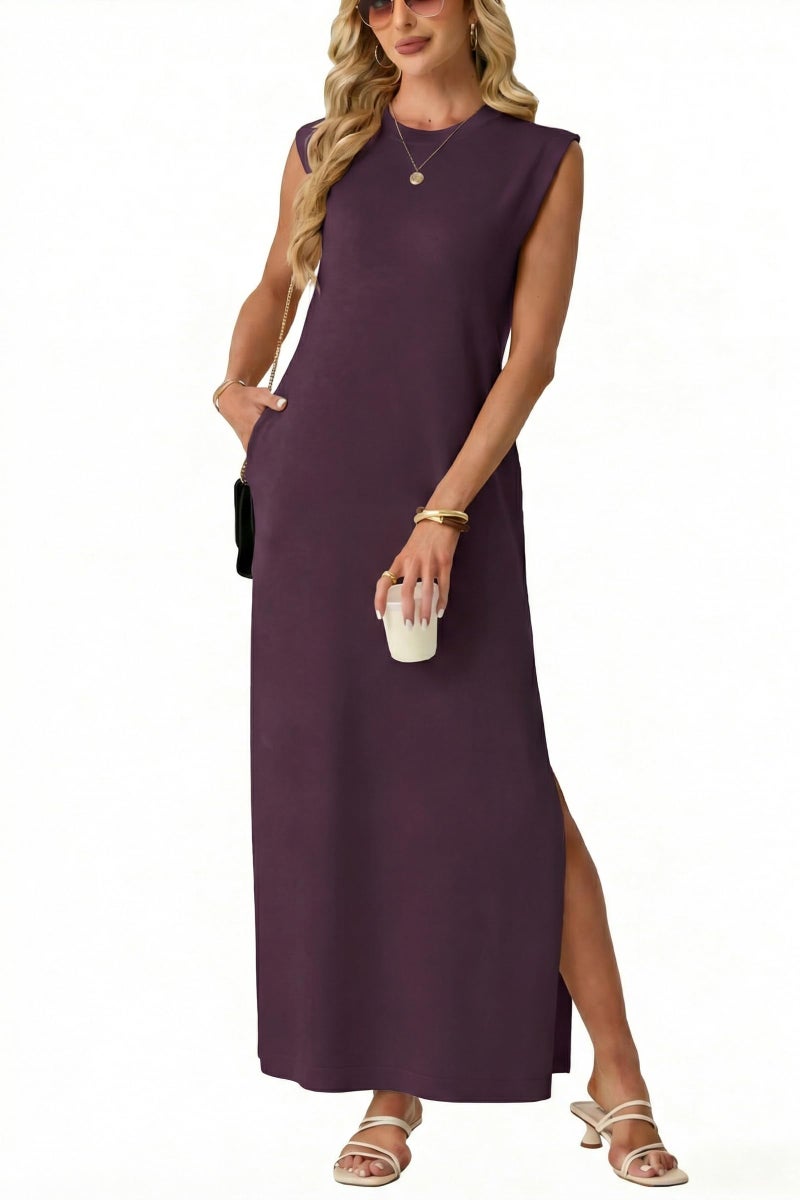 GRECERELLE Summer Fall Casual Cap Sleeve Round Neck Shift Sweater Maxi Dress for Women with Pockets (Rosewood, Medium) - Image 1