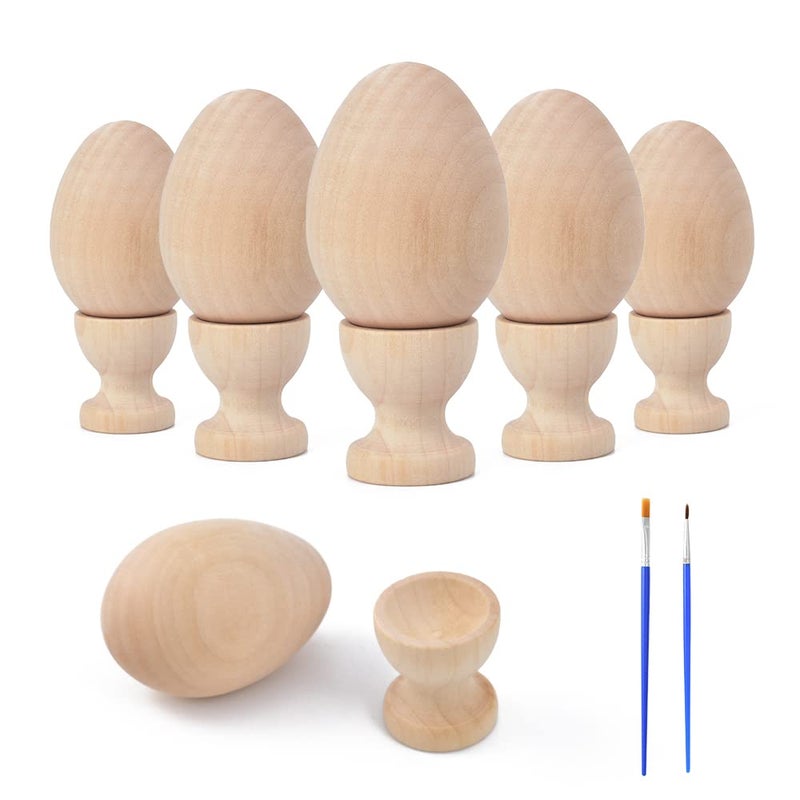 HOKPA Wood Eggs with Wooden Egg Cup Holders Unpainted Craft Eggs 6 Cups and Smooth Eggs in a Pack Display DIY Easter Halloween Decor 14pcs - Image 2