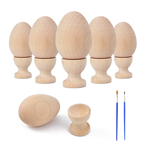 HOKPA Wood Eggs with Wooden Egg Cup Holders Unpainted Craft Eggs 6 Cups and Smooth Eggs in a Pack Display DIY Easter Halloween Decor 14pcs - Image 1