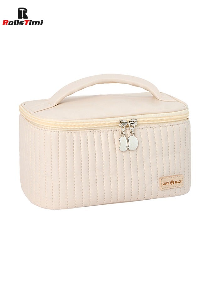 RollsTimi  Large Capacity Travel Cosmetic Bag Stripe Checkered Makeup Bag Portable Leather Waterproof Skincare Bag With Handle And Divider For Women,Beige - Image 1