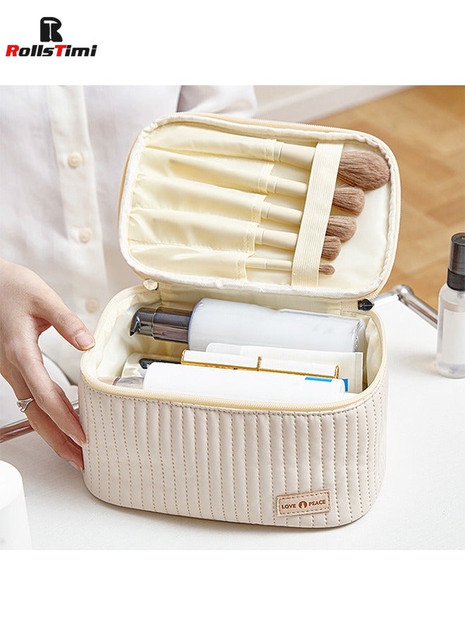 RollsTimi  Large Capacity Travel Cosmetic Bag Stripe Checkered Makeup Bag Portable Leather Waterproof Skincare Bag With Handle And Divider For Women,Beige - Image 2