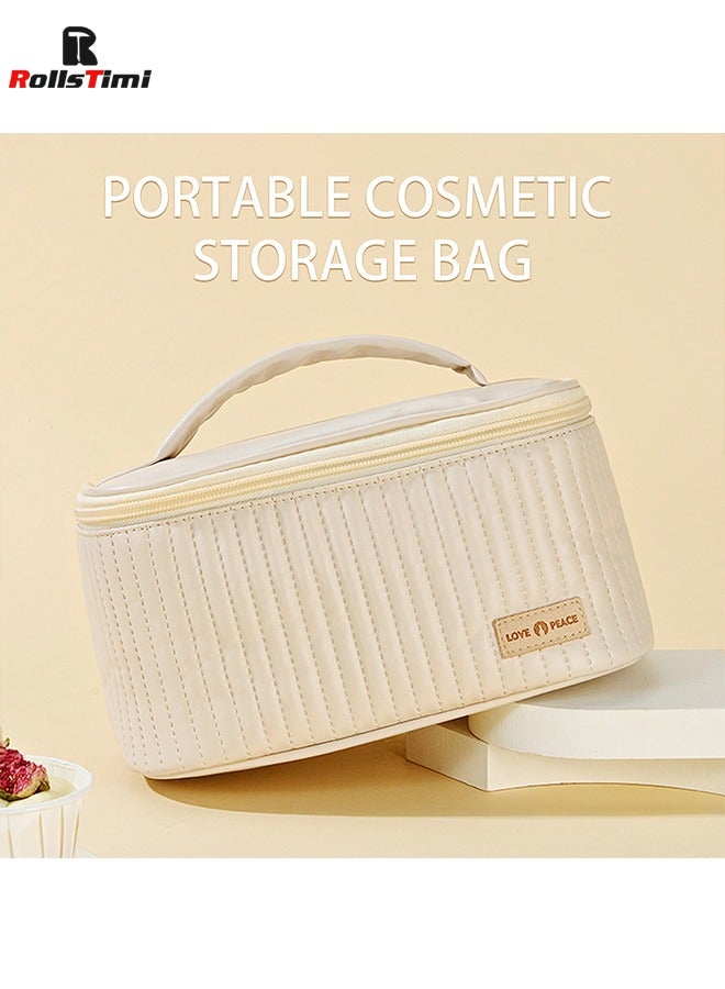 RollsTimi  Large Capacity Travel Cosmetic Bag Stripe Checkered Makeup Bag Portable Leather Waterproof Skincare Bag With Handle And Divider For Women,Beige - Image 3
