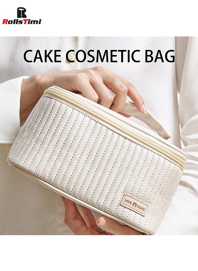 RollsTimi  Large Capacity Travel Cosmetic Bag Stripe Checkered Makeup Bag Portable Leather Waterproof Skincare Bag With Handle And Divider For Women,Beige - Image 4