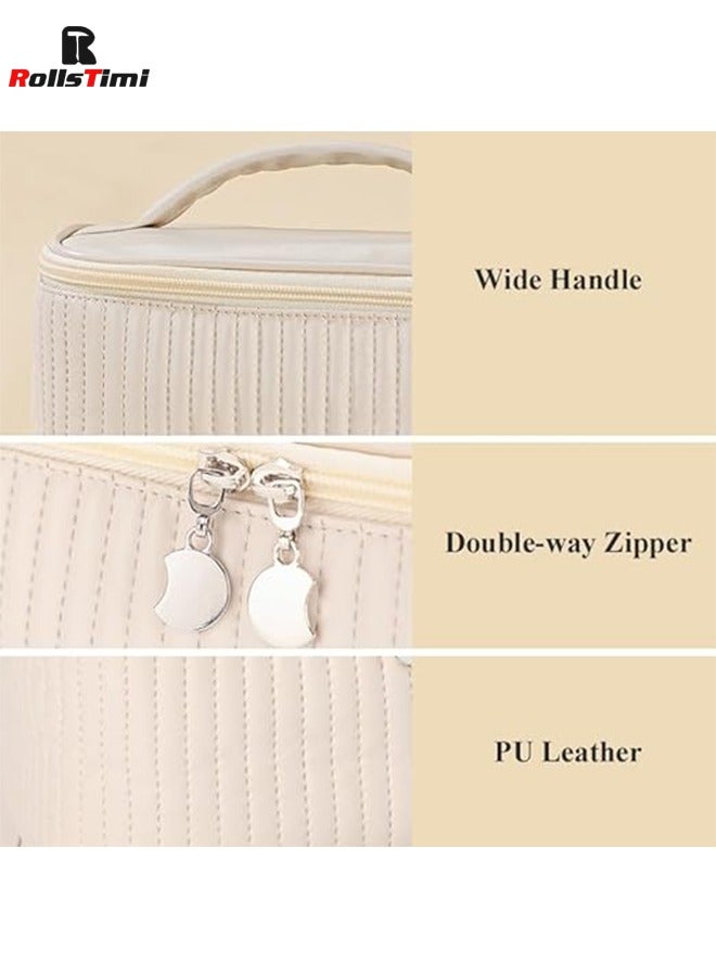 RollsTimi  Large Capacity Travel Cosmetic Bag Stripe Checkered Makeup Bag Portable Leather Waterproof Skincare Bag With Handle And Divider For Women,Beige - Image 5