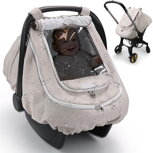 TinlyFinly Waterproof Car Seat Cover for Baby, 2-Layer Car Seat Rain Cover with Clear Window & Sunshade & Mesh Cover, Universal Infant Carseat Canopy for Stroller, Protect from Rain and Snow - Beige - Image 1