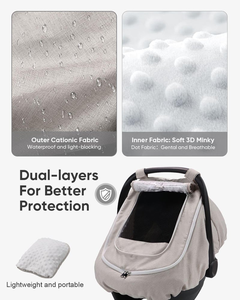 TinlyFinly Waterproof Car Seat Cover for Baby, 2-Layer Car Seat Rain Cover with Clear Window & Sunshade & Mesh Cover, Universal Infant Carseat Canopy for Stroller, Protect from Rain and Snow - Beige - Image 5