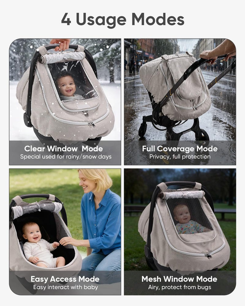 TinlyFinly Waterproof Car Seat Cover for Baby, 2-Layer Car Seat Rain Cover with Clear Window & Sunshade & Mesh Cover, Universal Infant Carseat Canopy for Stroller, Protect from Rain and Snow - Beige - Image 3