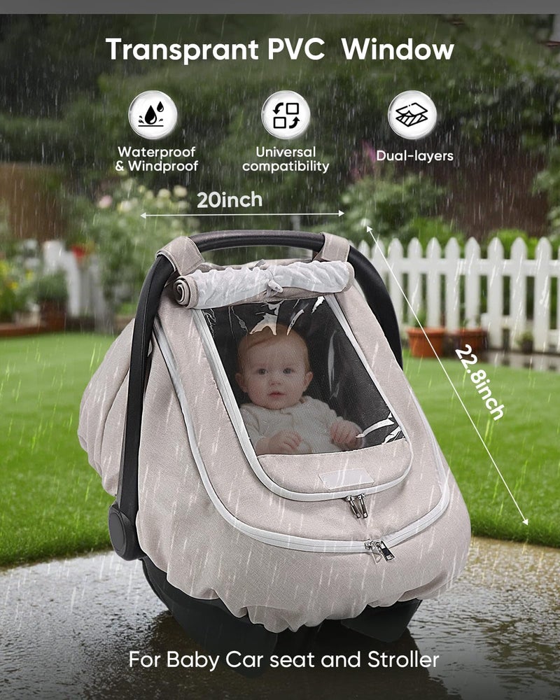 TinlyFinly Waterproof Car Seat Cover for Baby, 2-Layer Car Seat Rain Cover with Clear Window & Sunshade & Mesh Cover, Universal Infant Carseat Canopy for Stroller, Protect from Rain and Snow - Beige - Image 2