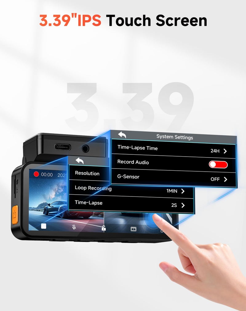 VIRROW Dash Cam Front and Rear: 4K+2.5K Dash Camera for Cars with Touch Screen 3.39" - Dashcam with WiFi APP Control 64GB Parking Mode Night Vision Loop Recording Emergency Lock (X5) - Image 4
