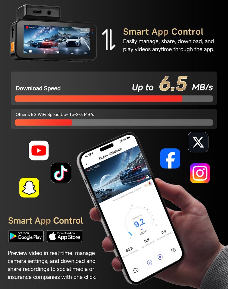 VIRROW Dash Cam Front and Rear: 4K+2.5K Dash Camera for Cars with Touch Screen 3.39" - Dashcam with WiFi APP Control 64GB Parking Mode Night Vision Loop Recording Emergency Lock (X5) - Image 5