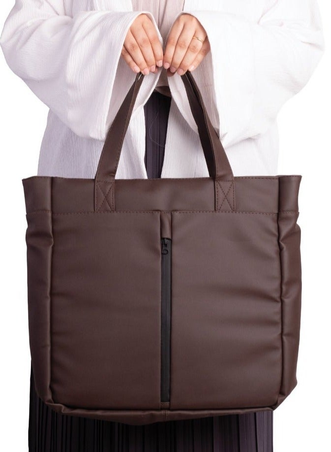 Ar supply AR Tote Bag by Arij Bags | Large Tote Bag for Laptop and Daily Use, Detachable and Adjustable Crossbody Strap, Spacious Main Compartment, Laptop Pocket, Multiple Inner Pockets and Quick Access Front Pocket (39 × 38 × 12 cm) (Brown) - Image 1