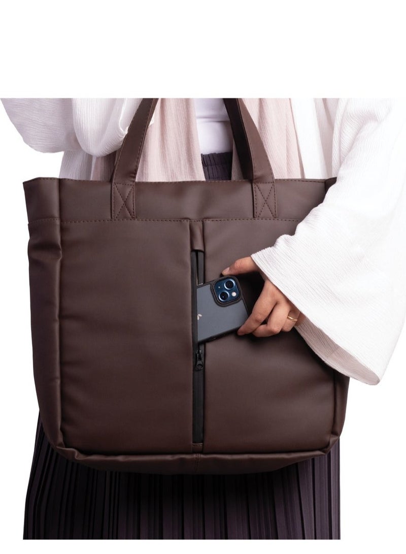 Ar supply AR Tote Bag by Arij Bags | Large Tote Bag for Laptop and Daily Use, Detachable and Adjustable Crossbody Strap, Spacious Main Compartment, Laptop Pocket, Multiple Inner Pockets and Quick Access Front Pocket (39 × 38 × 12 cm) (Brown) - Image 3