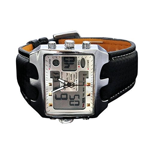 ShoppeWatch Mens Soccer Referee Watch Big Square Face LED Dual Time Analog Digital Light Up Dial Stopwatch Leather Band | Reloj Digital para Hombre Cronometro Deportivo OH-112 - Image 2