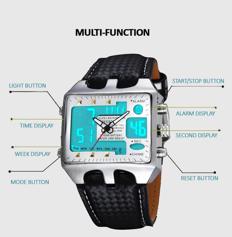 ShoppeWatch Mens Soccer Referee Watch Big Square Face LED Dual Time Analog Digital Light Up Dial Stopwatch Leather Band | Reloj Digital para Hombre Cronometro Deportivo OH-112 - Image 4