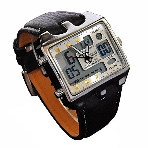 ShoppeWatch Mens Soccer Referee Watch Big Square Face LED Dual Time Analog Digital Light Up Dial Stopwatch Leather Band | Reloj Digital para Hombre Cronometro Deportivo OH-112 - Image 1