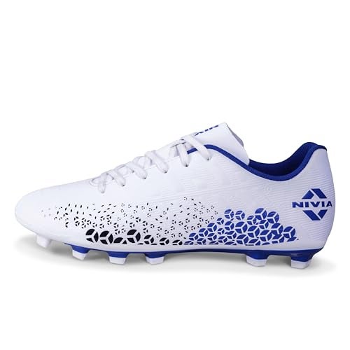 Nivia Ignite Football Stud Shoes for Men, High-Performance Footwear for Serious Footballers, All-Day Comfort for Intense Gameplay (White/Blue) Size-UK03 - Image 1