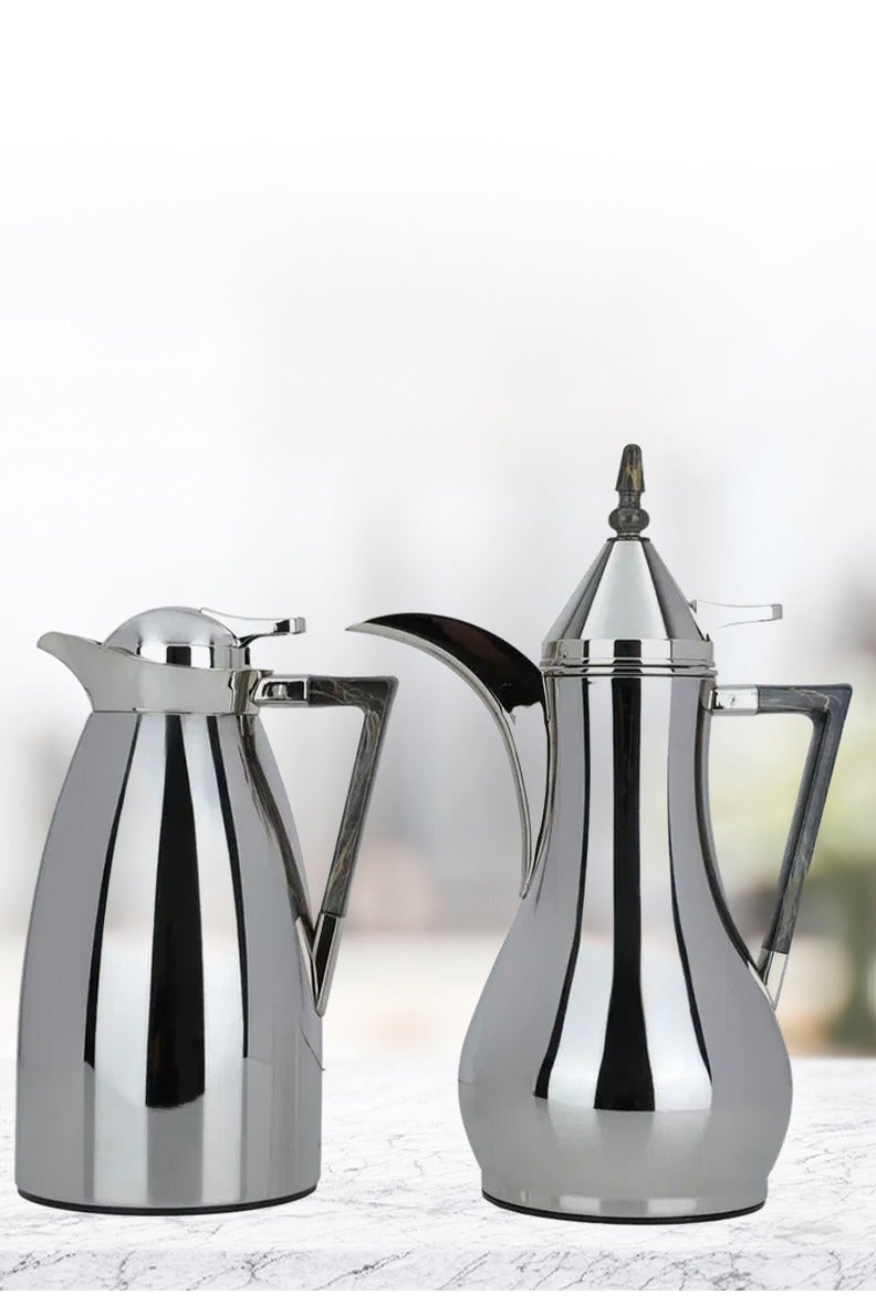 Alsaif Gallery Al Saif Gallery Maha Steel thermos Set, 2 Pieces, 1 Liter - Silver - Image 1