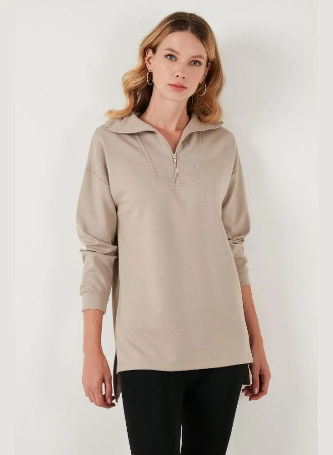 ليلا ليلا سويت شيرت نسائي بقصة عادية وياقة بسحاب، قصير من الأمام وطويل من الخلف