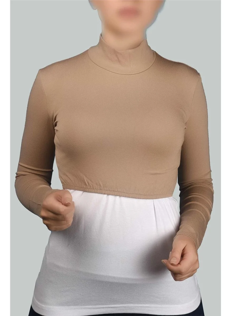 Altobeh Long Sleeve Turtleneck Turtleneck Lycra Combed Cotton Women's Half Body - Dark Beige