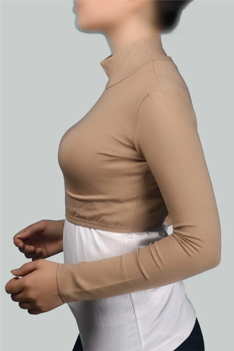 التوبة Long Sleeve Turtleneck Turtleneck Lycra Combed Cotton Women's Half Body - Dark Beige