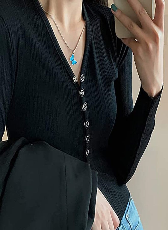 زيتوب طقم قلادتين من زيتوب، فضيتين ناعمتين مطليتين بالفضة، بتصميم فراشة رفيعة، قلادة تشوكر أنيقة للنساء، سلسلة قابلة للتعديل، مجوهرات لطيفة، قلادات فراشة باللونين الأزرق والبنفسجي. - Image 4