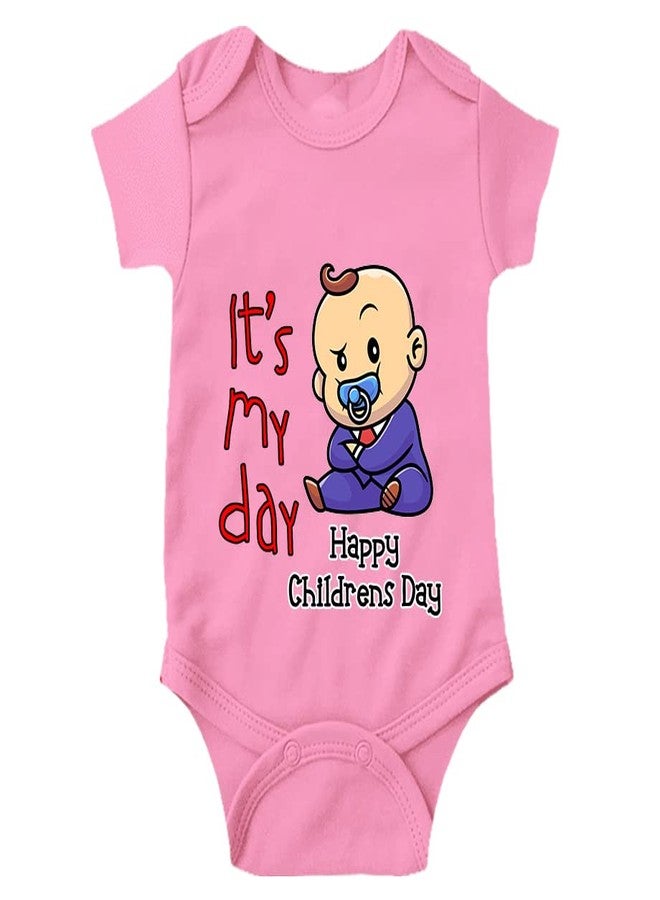 MOTT2 Children's Day Special Unisex Baby Romper - Happy Children's Day (Pink, 3-6 Months) - Image 1