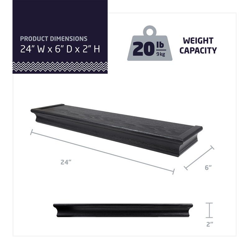 HIGH & MIGHTY 515661 Decorative 24" Floating Shelf Holds up to 20lbs, Easy Tool-Free Dry Wall Installation, Beveled, eCommerce Packaging, Black - Image 2